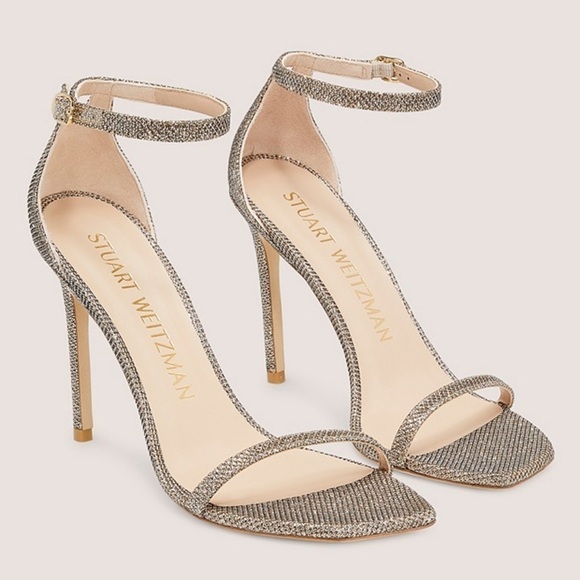 NEW Stuart Weitzman Nudistcurve Shimmery Ankle-Strap Sandals Platino Glitter 10 - Picture 1 of 13